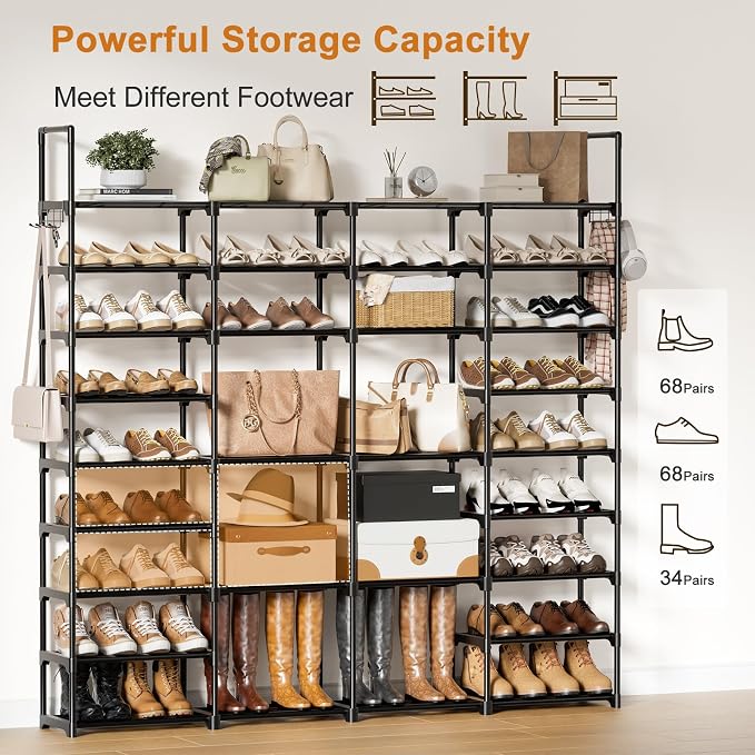 WOWLIVE 4 Row 9 Tiers Extra Large Shoe Rack 68-72 Pairs Big Tall Metal Shoe Shelf, Heavy Duty Organizer for Closet Entryway, Boot Rack Storage Stackable Stand for Garage Black