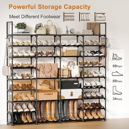 WOWLIVE 4 Row 9 Tiers Extra Large Shoe Rack 68-72 Pairs Big Tall Metal Shoe Shelf, Heavy Duty Organizer for Closet Entryway, Boot Rack Storage Stackable Stand for Garage Black