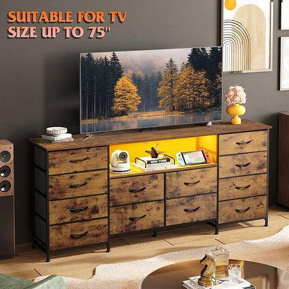 WLIVE 12 Drawer Dresser for Bedroom, Dresser TV Stand for 65, 70, 75 inch TV with Led Lights & Charging Station, Wide Chest of Drawers with Open Shelves, Fabric Dressers for Living Room, Rustic Brown