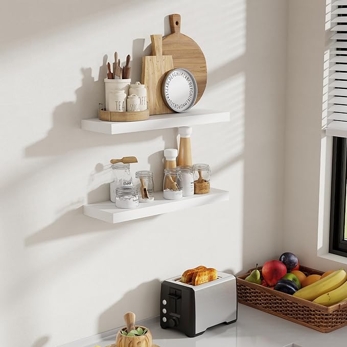 Acovy 24 Inch Floating Shelves, 8 Inch Deep Floating Shelves for Wall, Hanging Shelf with Invisible Brackets, Deep Shelves for Bathroom, Bedroom, Living Room, White, Set of 2