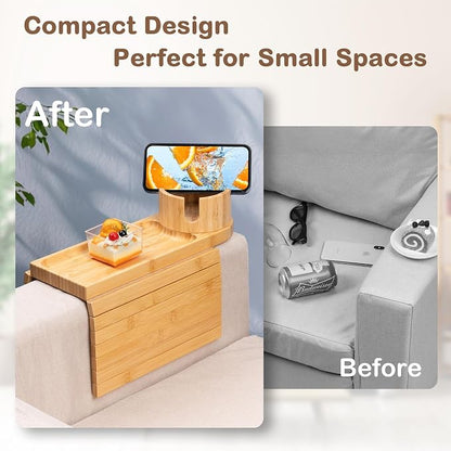 Couch Cup Holder Tray for Armrests Over 4.9" Wide, Bamboo Couch Arm Tray with 360° Rotating Phone Stand, 3 in 1 Foldable Sofa Arm Tray Table for Remote, Snacks, Phone, Drinks Natural