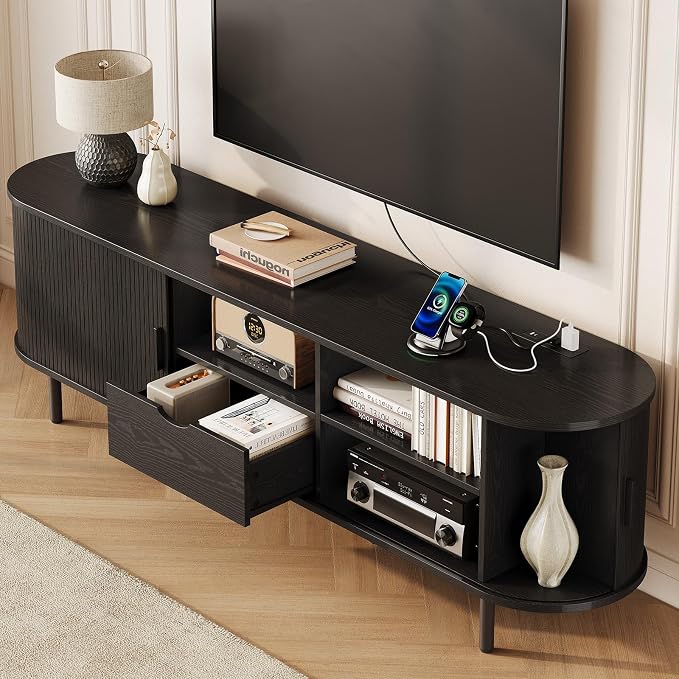 69" Mid-Century TV Stand with Power Outlet, Fluted Entertainment Center with Storage Drawer, TV Console with Sliding Door and Adjustable Shelves, TV Stand up to 80" for Living Room, Bedroom, Black