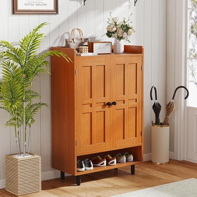 Farmhouse Shoe Cabinet with Doors, 6-Tier Wooden Shoe Organizer with Adjustable Shelves, Entryway Storage Cabinet with Metal Legs, Rustic Shoe Storage for Entryway or Living Room (Walnut)