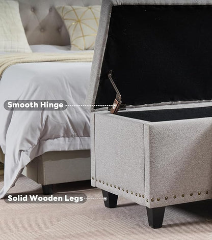 Tbfit 50.8“ Large Ottoman Storage Bench for Bedroom, Oversized Tufted Upholstered Entryway Benches End of Bed, Rectangle Dorm Foot Stool with Safety Hinge & Solid Wood Legs, Loads 660 lb, Light Gray