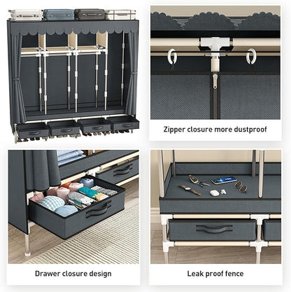 Large Portable Wardrobe with 4 Hanging Rods and Drawers, Armoire, Metal Storage Wardrobe Hangers, Upgraded Grey Non-Woven Dust Cover for Handing Closet,Large Closets for Bedroom