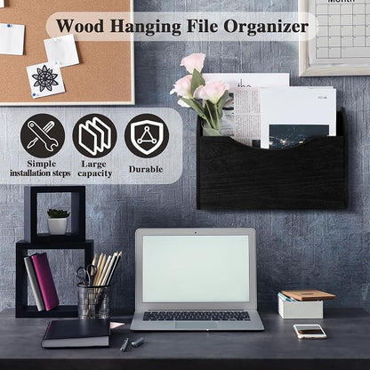 Suzile Wall Mounted File Holder Wood Magazine Holder Wall Hanging File Organizer for Office Mail Magazine Letter Paper Folder Organization (Black)