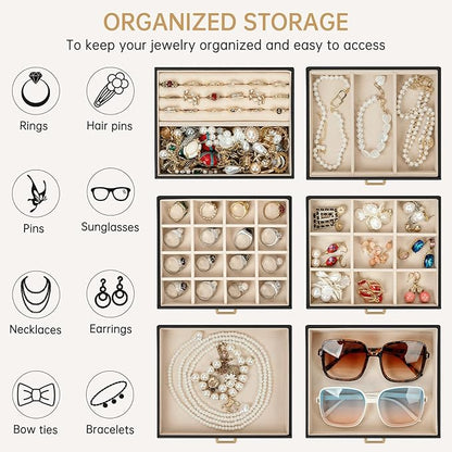 AKOZLIN 6-Tier Jewelry Box Organizer Functional 5 Drawers Leather Jewelry Storage Case for Women Girls Ring Necklace Earring Bracelet Holder Organizer with Mirror Black