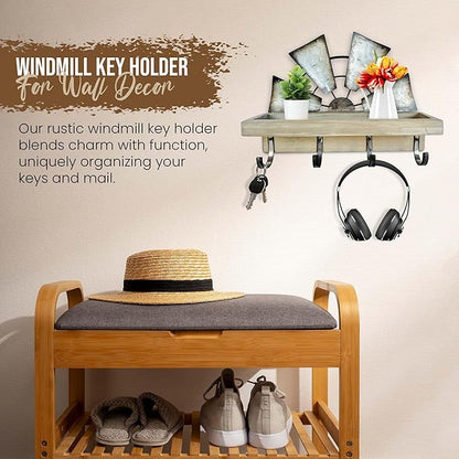 RootyHeart Windmill Key Holder Wall Mount, Decorative Wall Mounted Key and Mail Rack with Shelf, Farmhouse Wall Decor, 4 Rustic Hooks for Coats & Keys, Gray Western Key Holder
