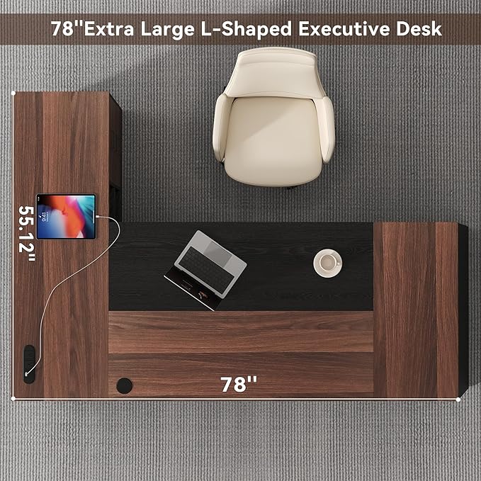 L-Shaped Executive Desk with Drawer, 78-Inch Large Home Office Desk with Cord Hold and Power Outlet, Modern Computer Table with Lateral File Cabinet,Open Shelf and PC Stand, Walnut Brown Black