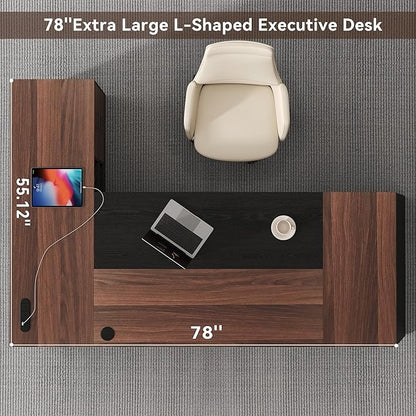 L-Shaped Executive Desk with Drawer, 78-Inch Large Home Office Desk with Cord Hold and Power Outlet, Modern Computer Table with Lateral File Cabinet,Open Shelf and PC Stand, Walnut Brown Black