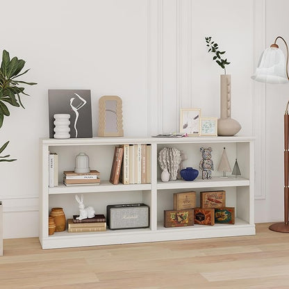 blini White Bookshelf Double Wide 64“ 2-Tier Bookcase 4 Cube Storage Organizer Wooden Bookcases for Bedroom and Home Office Decor Display