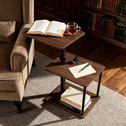 Swivel Side Table for Couch Arm, Height Adjustable C Shaped End Table for Recliner or Bed, Tv Trays with Storage Shelf for Small Spaces- Small Nightstand for Living Room, Bedroom