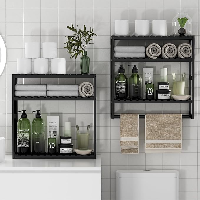 PPN Towel Rack Bathroom Storage Shelves Over The Toilet with Towel Bar 100% Bamboo Adjustable Height Floating Shelf Wall Shower Shelf for Small Space Bathroom Kitchen Multi Usage (Black-2Pack)