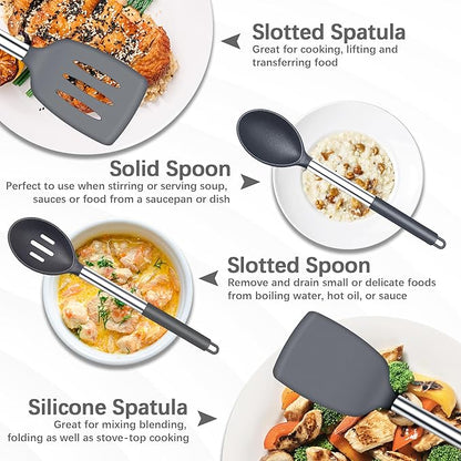 Silicone Spatula Spoon Set, 4 PCS Silicone Cooking Utensils Spatula Spoon Set with Stainless Steel Handle, BPA Free Kitchen Turners for Frying, Mixing, Serving, Draining, Turning, Stirring, Grey