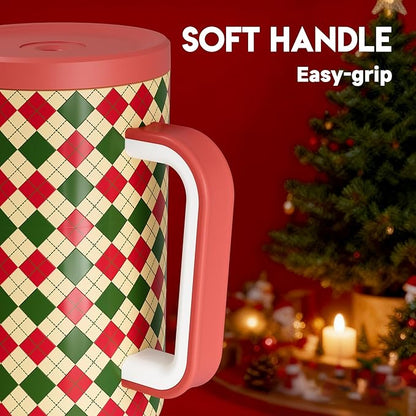 Meoky 40 oz Christmas Tumbler with Handle and Straw, Xmas Tumbler with Lid and Straw, Insulated Stainless Steel Travel Mug, Christmas Gifts for Women Men Adults (Winter Plaid)