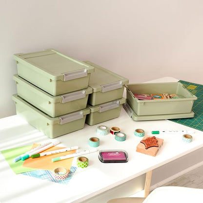 IRIS USA 2 Qt. Craft Storage Bins with Lids, 6-Pack, |Made in USA|, Clip Box, Small Plastic Sensory Bin Tote Organizer Containers for Art Supplies, Paper, & Office, Stackable - Sage Green