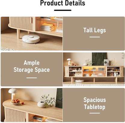 70" Fluted TV Stand with LED Lights for TVs up to 75 Inch, Mid Century Modern Entertainment Center with Sliding Doors & Glass Shelf, TV Console Table Media Console for Living Room, Natural Oak