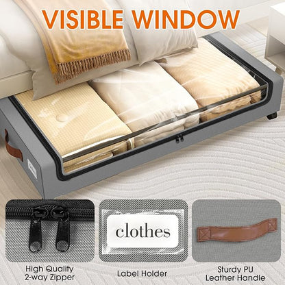 SpaceHacks Under Bed Storage with Wheels 1Pack Underbed Storage with Clear Window&Label Under Bed Drawers Large Capacity Rolling Under Bed Storage for Clothes,Shoes, Blankets (Light Grey)