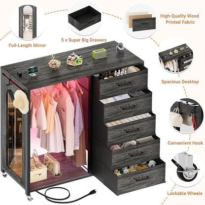 Cyclysio Dresser for Bedroom with Clothes Rack & Mirror, Grey 5 Drawers Dresser with Charging Station & LED Lights, Rolling Chest of Drawers with Wheels, Full Length Mirror, Wooden Top,Bedroom, Closet