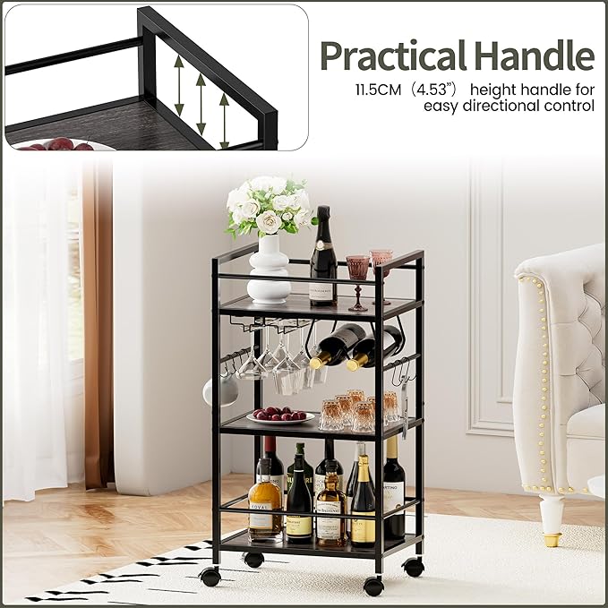Bar Cart, Serving Cart for Home, Microwave Cart, Drink Cart, Mobile Kitchen Shelf with Wine Rack and Glass Holder, Rolling Beverage Cart for Dining Room, Grey