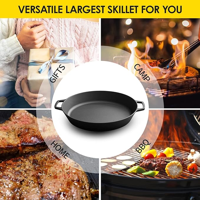 Pre-Seasoned Large Cast Iron Skillet 17 Inch, Dual Handle Outdoor Camping Frying Pan, Pizza Pan, Use for Grill, Stovetop, Induction, Oven Safe Cookware