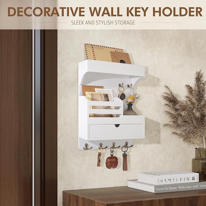 Rebee Vision Key Holder Wall Mount with Drawer Organizer – Pine Wooden Mail and Key Organizer with 6 Sturdy Hooks and Wall Shelf – Modern Living Room Decor for a Modern Home (White)