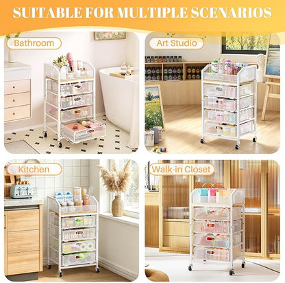 SUNALLY Makeup Organizer Cart with 4 Drawers, Rolling Makeup Storage Cart Metal Skincare Organizers, Large Vanity Storage Organizer Cosmetics Display Cases for Skin Care Perfume Nail Polish, White