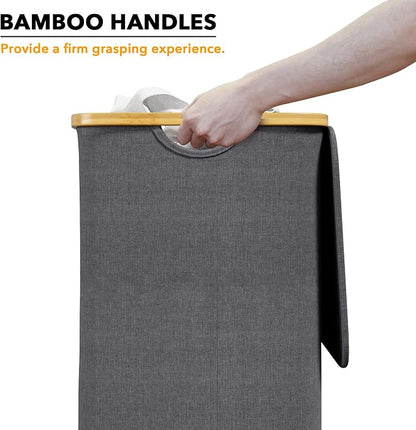 SpaceAid Laundry Hamper with Lid, 110L Large Tall Clothes Basket Bin with Bamboo Handles, Collapsible Laundry Hamper for Bedroom, Bathroom, Dorm, Laundry Room - Grey