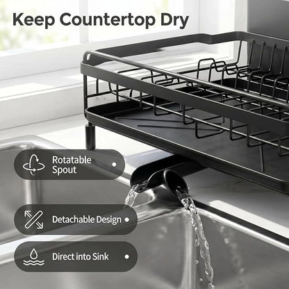 Large Extendable Dish Drying Rack with Bamboo Knife Holder, Rustproof Dish Drainer for Kitchen Counter, Adjustable 19"-27", Black