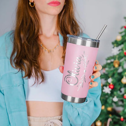 Personalized Tumbler with Engraved Name - 12 Designs, 30 Oz Coffee Tumbler with Slider Lid, Soft Pink, Double Wall Insulated - Gifts for Mom, Custom Gift for Women, Personalized Gift for Her