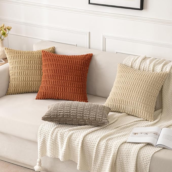 MIULEE Pack of 2 Corduroy Decorative Throw Pillow Covers 16x16 Inch Soft Boho Striped Pillow Covers Modern Farmhouse Home Decor for Sofa Living Room Couch Bed Tan