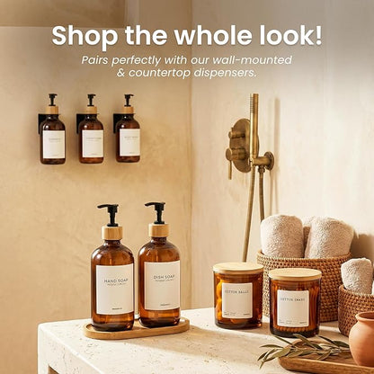 Maisonovo Glass Bathroom Containers with Lids (Airtight) - Qtip Holder - Apothecary Jars for Cotton Rounds, Swabs, Balls - Amber Bamboo Q Tip Dispenser - 2 pc Bathroom Canisters Set for Organization