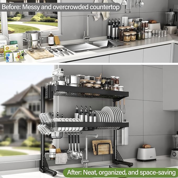 Over Sink Dish Drying Rack, 3-Tier Full Stainless Steel Drainer Dish Rack Adjustable 20.9''-37.4'', Expandable Multifunctional Kitchen Organizer