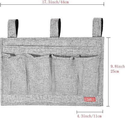 Zafit Linen Bedside Caddy, Bedside Storage Organizer for Hospital Beds, College Dorm Rooms or Baby Bed (6 Pockets-Grey)