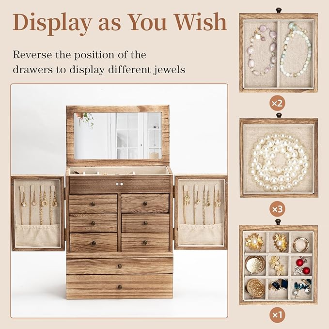 Emfogo Jewelry Box for Women Wooden Jewelry Boxes & Organizers 5-Layer Rustic Large Jewelry Organizer Box with Mirror & 8 Drawers for Rings Earrings Necklaces Bracelets Women Girls Gifts