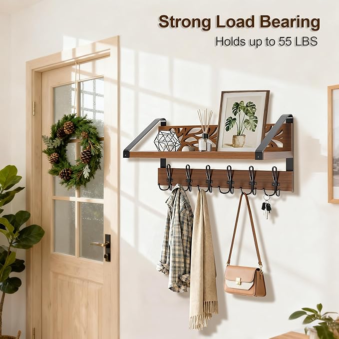 WGFKVAS 2 in 1 Coat Rack Wall Mount with Shelf and 6-Double Hook Wall Hooks with Shelf, Rustic Brown 15" Wood Organizer for Entryway, Living Room, Bedroom, Hallway