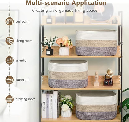 Cotton Rope Storage Basket, 15x10x9 Inches, Woven Basket for Shelves, Clothes, Towels, Books, and Laundry, White Brown (1 Pack)