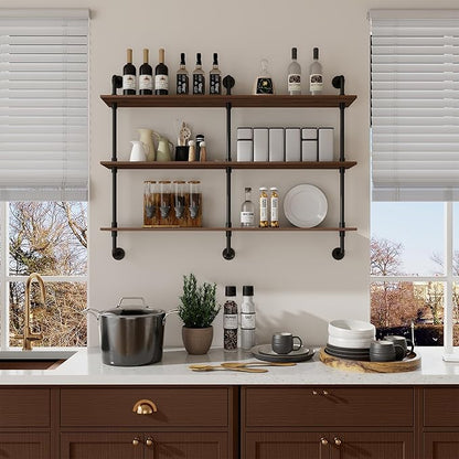 3-Tier Industrial Pipe Floating Shelf – Rustic 60 inch Wood Wall-Mounted Storage Shelf for Kitchen Office,Bathroom & Home Decor -Walnut