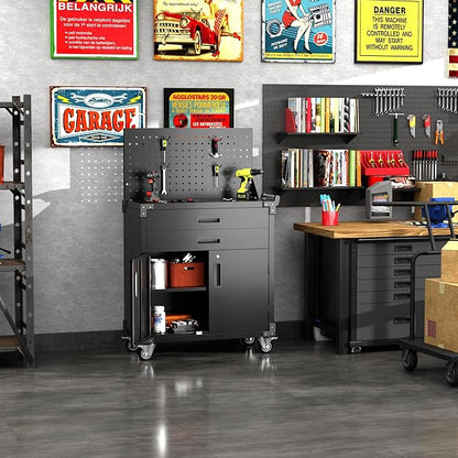 SUXXAN Black Tool Cart with Pegboard and 4 Hooks,Garage Storage Cabinet on Wheels with 2 Drawer,Industrial Service Utility Tool Cart for Mechanics, Garage, Workshop