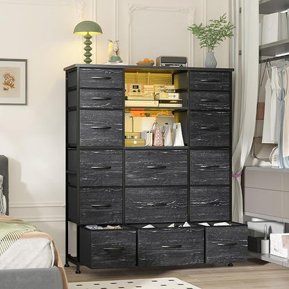 EnHomee 51" H Dresser with 15 Drawers Dresser for Bedroom with Charging Station & LED Lights & Hutch Sturdy Black Bedroom Dressers, Steel Frame, Wood Top, 51.2" H x 39.3" W x 11.8" D