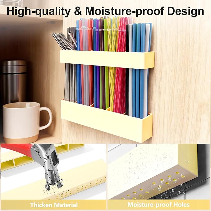 Straw Holder for Cabinet Door, 9.6” Adjustable Two-Part Large Acrylic Straws Organizer with Ultra Sticky Adhesive Strips, 2025 Reusable Straw Storage for Kitchen Cupboard (Milky Yellow)