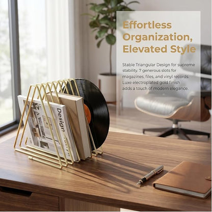 Gold Expandable Bookends, 11-Section, 2"-23.6" | 11 Slot Extra Large Book Rack, Telescoping Desktop Organizer, Metal Construction, For Magazine Vinyl Record Stand