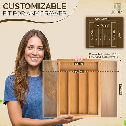 Bamboo Kitchen Utensil Drawer Organizer for Silverware | 100% Natural Expandable 14-20 Inch Kitchen Drawer Organizers for Utensils | Non-Slip Base | Screwed Joints for Long-Lasting Durability