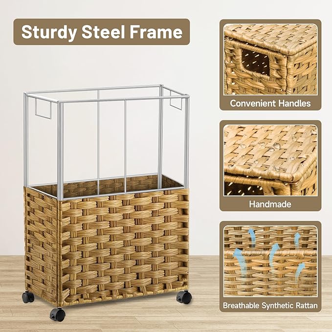 Toilet Paper Storage Basket with Lid and Wheels, Rattan Toilet Paper Holder Storage, Toilet Paper Organizer for Bathroom, Bedroom, Kitchen, 12.6”L x 7.1”W x 17.14”H, Naturall