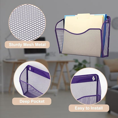 EASEPRES 3 Single Pocket Mesh Hanging File Organizer, Vertical Wall Mounted Magazine File Holder, Mount Basket Mail Paper Document Folder Organizing for Office, Home and School, Purple