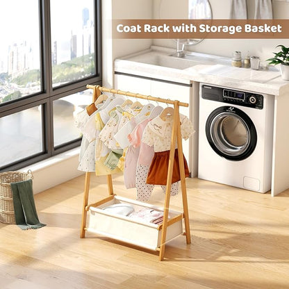 FILWH Bamboo Clothes Rack with Storage Box Foldable Garment Holder Coat Rack Freestanding Coat Stand Child Clothing Stand for Hanging Coat Dress up Racks (Natural, Small)