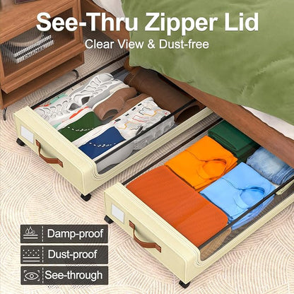 GoMaihe Under Bed Storage with Wheels:48L Underbed Storage Containers with Lids - Rolling Bins for Shoes Clothes in Dorm Bedroom - Metal Drawers Easy Pull-out Beige 4-Pack