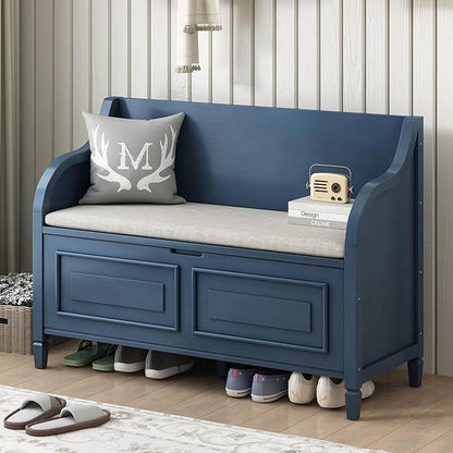 Bellemave Storage Bench with Safety Hinge Wooden Entryway Benches with Shoe Cabinets Under Seat Multifunctional Storage Bench for Entryway, Foyer or a Mudroom (Antique Navy+ Beige)