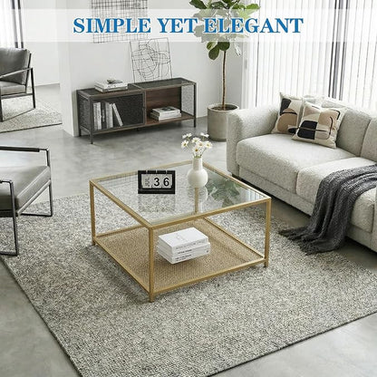 Gold Glass Coffee Table, Square Coffee Tables with Storage Shelf, Simple Tea Cocktail Modern Center Tables for Small Space, Living Room, Easy Assembly, 26 * 26in（Gold）