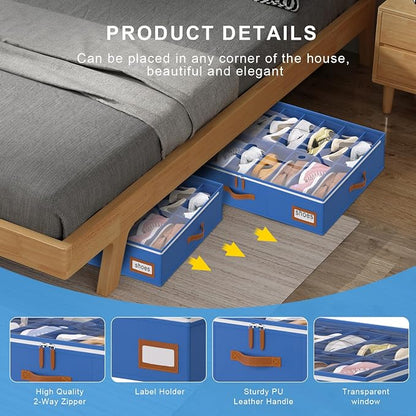 homyfort Shoe Organizer Under Bed, Fits 32 Pairs, Under bed Shoe Storage Boxes with Study Handles and Clear Cover, zapateras organizer for shoes, set of 2